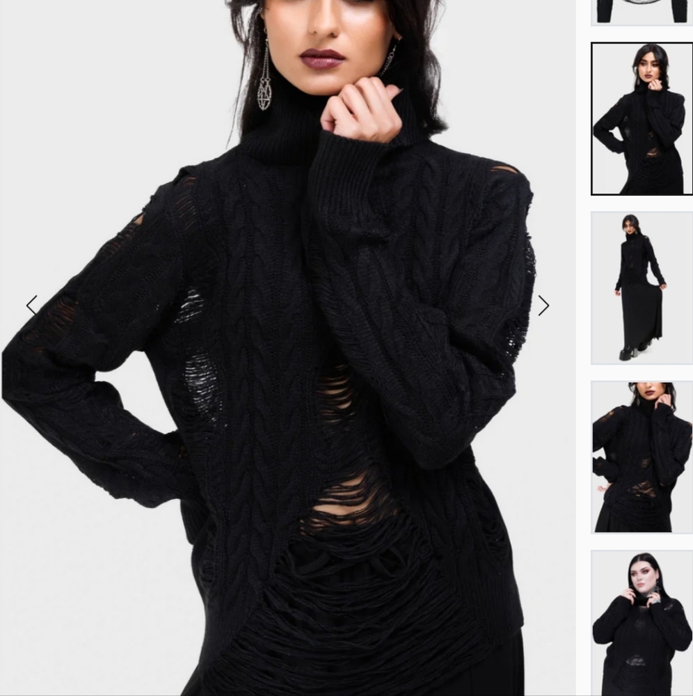 Black Distressed Turtleneck Cable-Knit Sweater - Picture 2 of 6